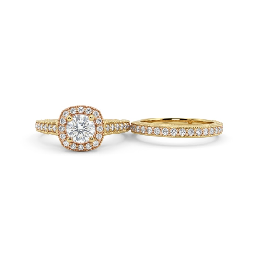 Round Diamond Halo Bridal Set | 14K Yellow Gold | Diamond Engagement Ring & Wedding Band Set | 0.70 CT Center Diamond - Brownee Jewelers