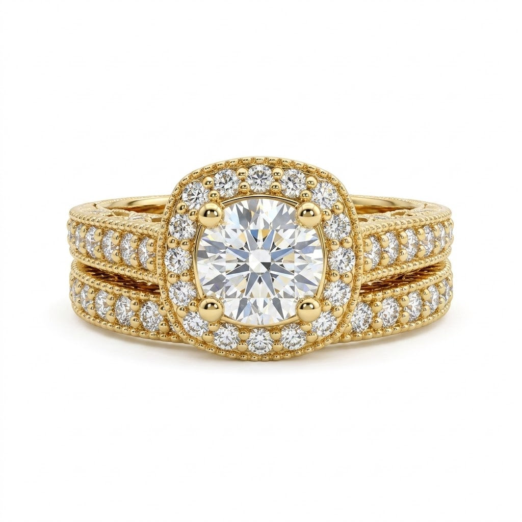 Round Diamond Halo Bridal Set | 14K Yellow Gold | Diamond Engagement Ring & Wedding Band Set | 0.70 CT Center Diamond - Brownee Jewelers
