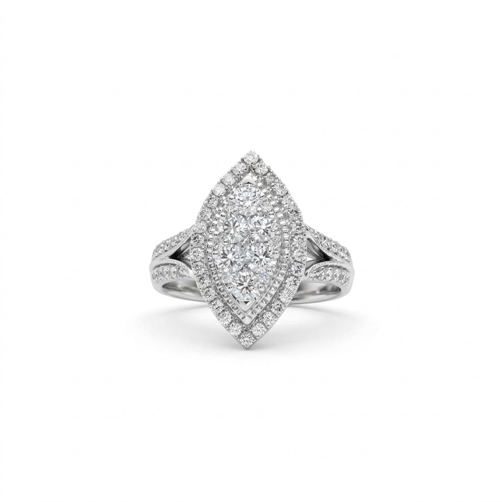 14kt White Gold Engagement Ring with Round Diamonds in the Shape of a Marquise