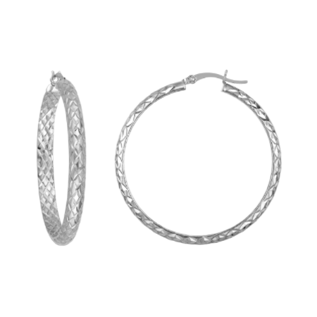 4 Millimeter by 40 Millimeter Diamond-Cut Hoop Earrings in Rhodium Plated Sterling Silver