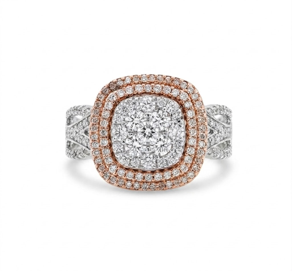 Round Diamond Cluster Ring | 10K Two-Tone Gold | 1.00 ctw | Cushion Halo Style | Statement Ring - Brownee Jewelers