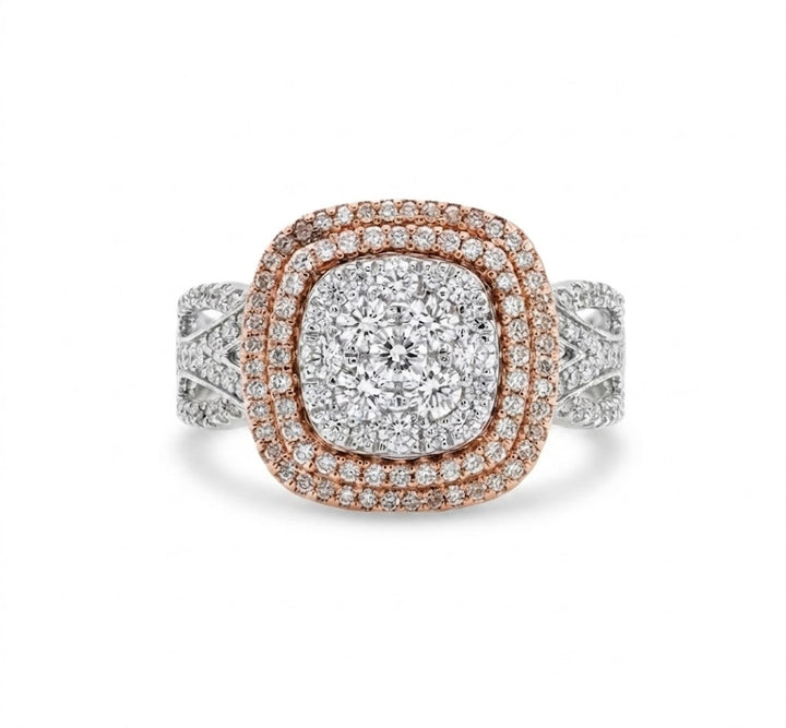 Round Diamond Cluster Ring | 10K Two-Tone Gold | 1.00 ctw | Cushion Halo Style | Statement Ring - Brownee Jewelers