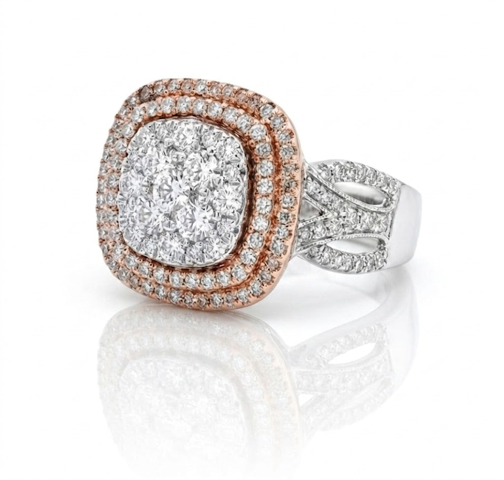 Round Diamond Cluster Ring | 10K Two-Tone Gold | 1.00 ctw | Cushion Halo Style | Statement Ring - Brownee Jewelers