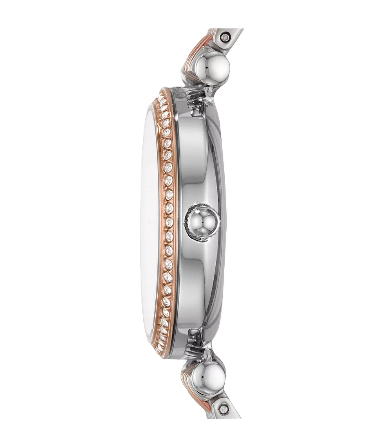 Carlie Mini Three-Hand Watch | Fossil | Two-Tone Stainless Steel | White Mother-of-Pearl Dial | Crystal Bezel - Brownee Jewelers