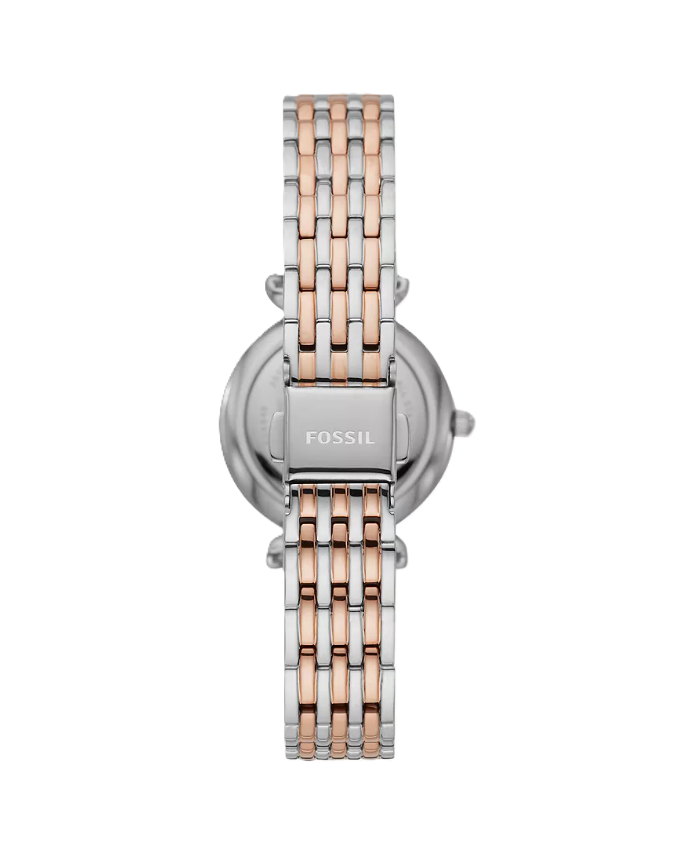 Carlie Mini Three-Hand Watch | Fossil | Two-Tone Stainless Steel | White Mother-of-Pearl Dial | Crystal Bezel - Brownee Jewelers