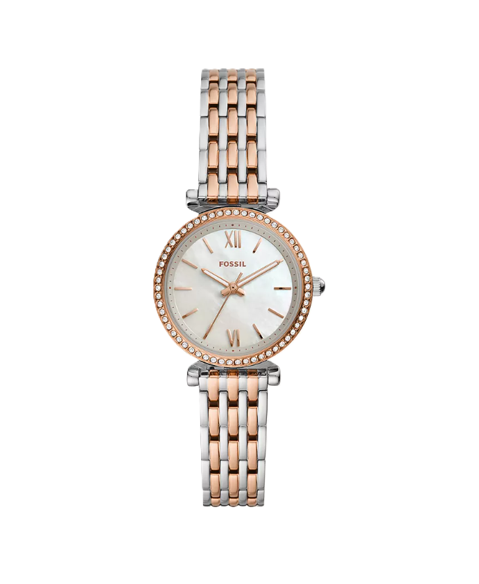 Carlie Mini Three-Hand Watch | Fossil | Two-Tone Stainless Steel | White Mother-of-Pearl Dial | Crystal Bezel - Brownee Jewelers