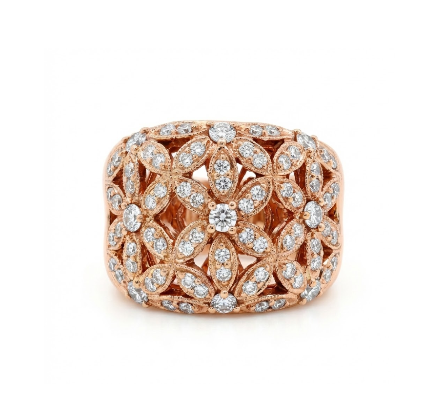 1.00 ctw Diamond Floral Statement Ring | Round Diamonds | 18K Rose Gold - Brownee Jewelers