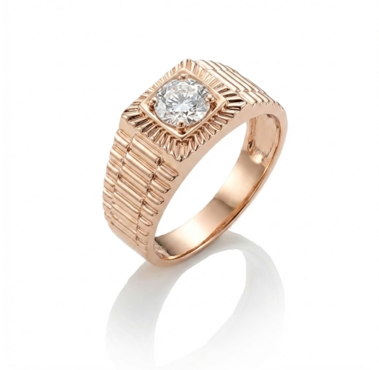 Round Lab-Grown Diamond Rolex-Style Solitaire Ring | 1.09 ct | 14K Rose Gold | Statement Design - Brownee Jewelers
