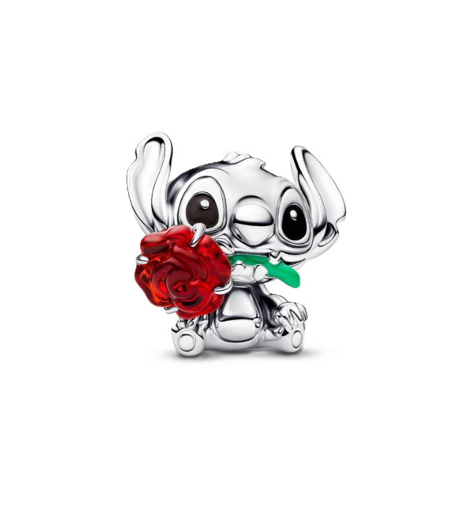 Pandora x Disney Stitch with Rose Murano Glass with Green Enamel Stem Charm in Sterling Silver
