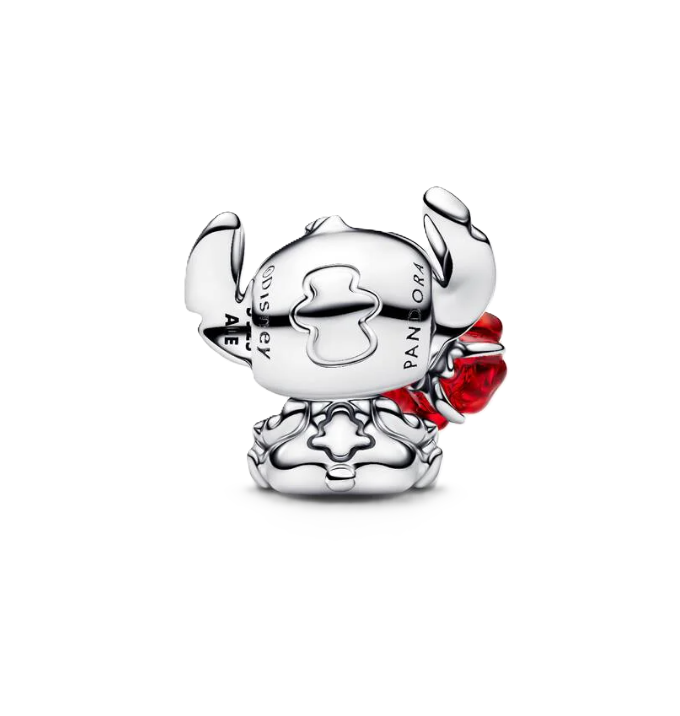 Pandora x Disney Stitch with Rose Murano Glass with Green Enamel Stem Charm in Sterling Silver