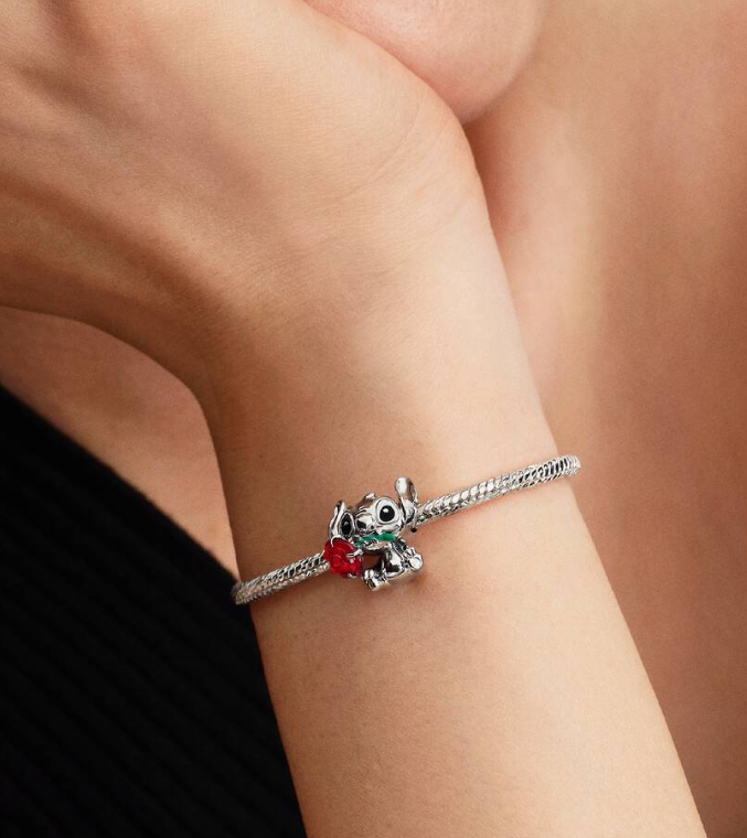 Pandora x Disney Stitch with Rose Murano Glass with Green Enamel Stem Charm in Sterling Silver