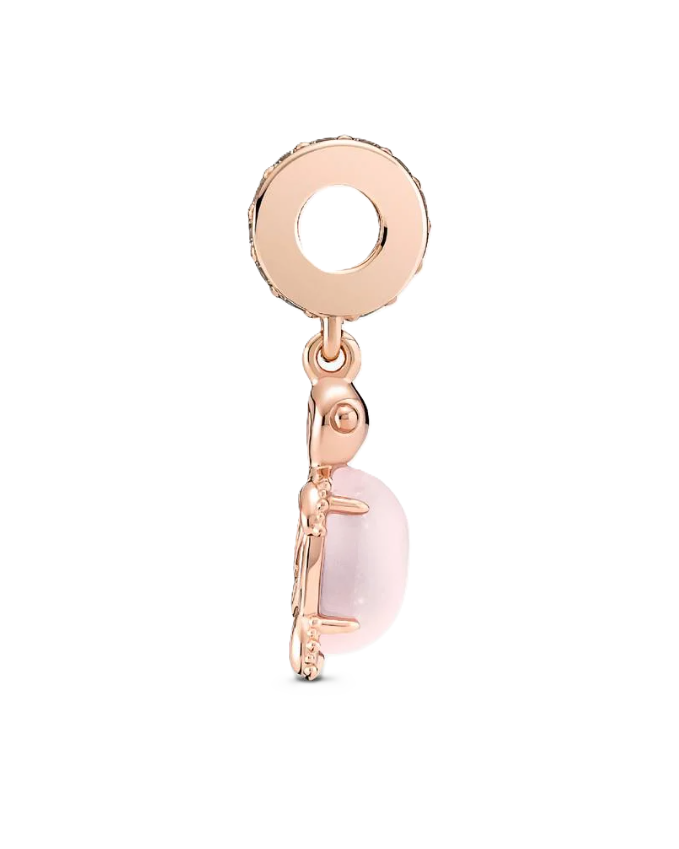 Pandora Pink Murano Glass Sea Turtle Dangle Charm in Sterling Silver with 14K Rose Gold Plating and a Cutout Heart Detail on the Underside of Turtle Shell