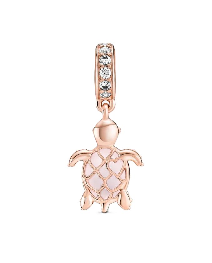 Pandora Pink Murano Glass Sea Turtle Dangle Charm in Sterling Silver with 14K Rose Gold Plating and a Cutout Heart Detail on the Underside of Turtle Shell