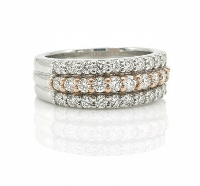 Three-Row Diamond Band | 14K White & Rose Gold | Mixed Metal Stackable Ring - Brownee Jewelers