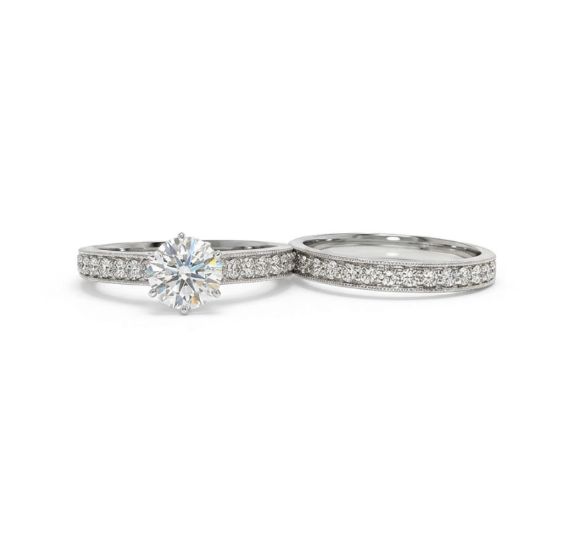 Round Diamond Bridal Set | 14K White Gold | Engagement Ring & Wedding Band Set | 0.96 CT Round Diamond Center | Pavé Diamond Accents - Brownee Jewelers