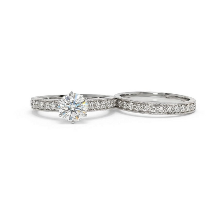 Round Diamond Bridal Set | 14K White Gold | Engagement Ring & Wedding Band Set | 0.96 CT Round Diamond Center | Pavé Diamond Accents - Brownee Jewelers