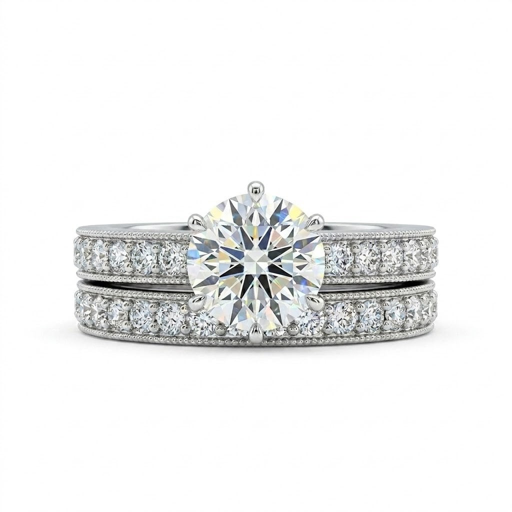 Round Diamond Bridal Set | 14K White Gold | Engagement Ring & Wedding Band Set | 0.96 CT Round Diamond Center | Pavé Diamond Accents - Brownee Jewelers