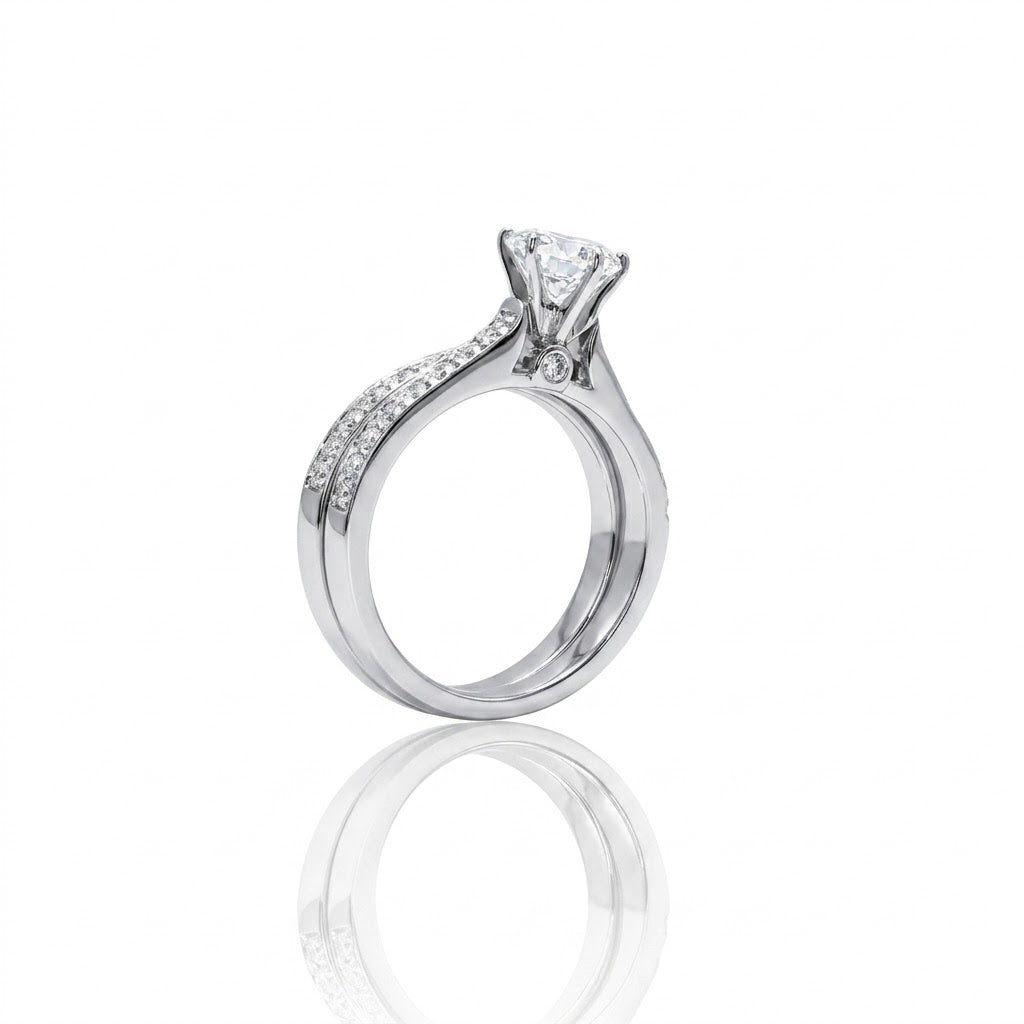 Round Diamond Bridal Set | 14K White Gold | Engagement Ring & Wedding Band Set | 0.96 CT Round Diamond Center | Pavé Diamond Accents - Brownee Jewelers