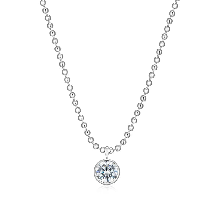 Sterling Silver Rhodium-Plated Beaded Necklace with a 9MM Round Cubic Zirconia Pendant