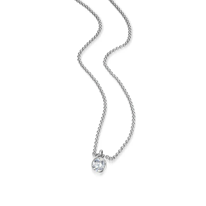 Sterling Silver Rhodium-Plated Beaded Necklace with a 9MM Round Cubic Zirconia Pendant