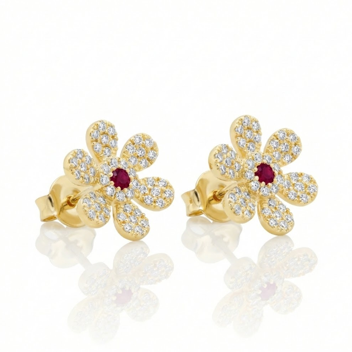 SHY CREATION | DIAMOND & RUBY FLOWER STUDS | 14K YELLOW GOLD | 0.29 ctw | SC55008177 - Brownee Jewelers