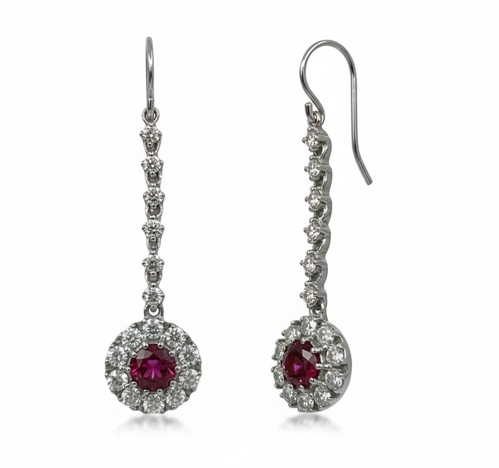 14K White Gold .97ct Ruby & 1.18ct Diamond Dangle Earrings