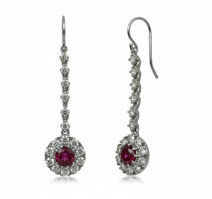 14K White Gold .97ct Ruby & 1.18ct Diamond Dangle Earrings