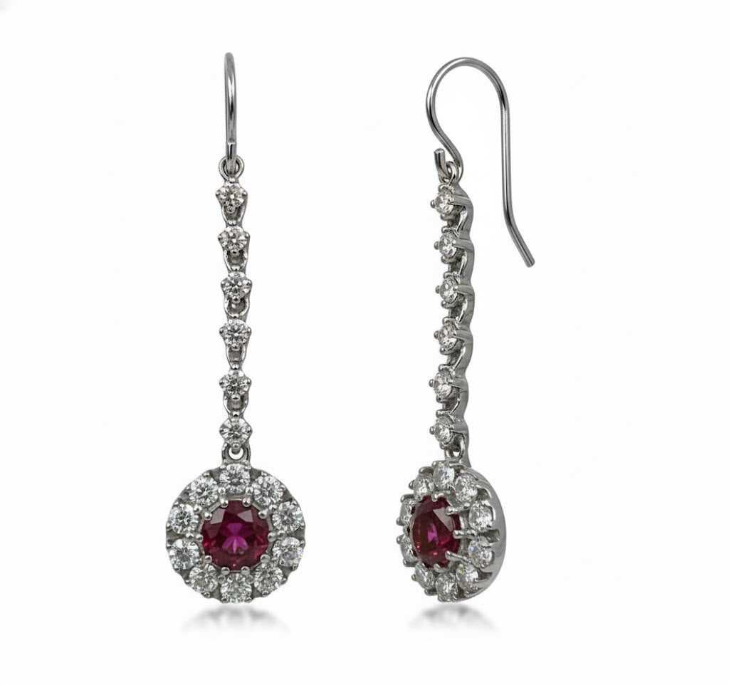 14K White Gold .97ct Ruby & 1.18ct Diamond Dangle Earrings
