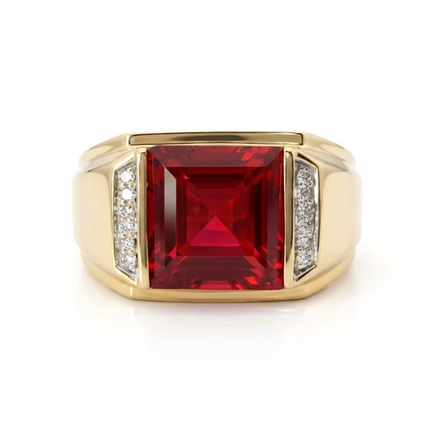 10K Yellow Gold Square Ruby & Diamond Gentlemen’s Ring – Size 10.5