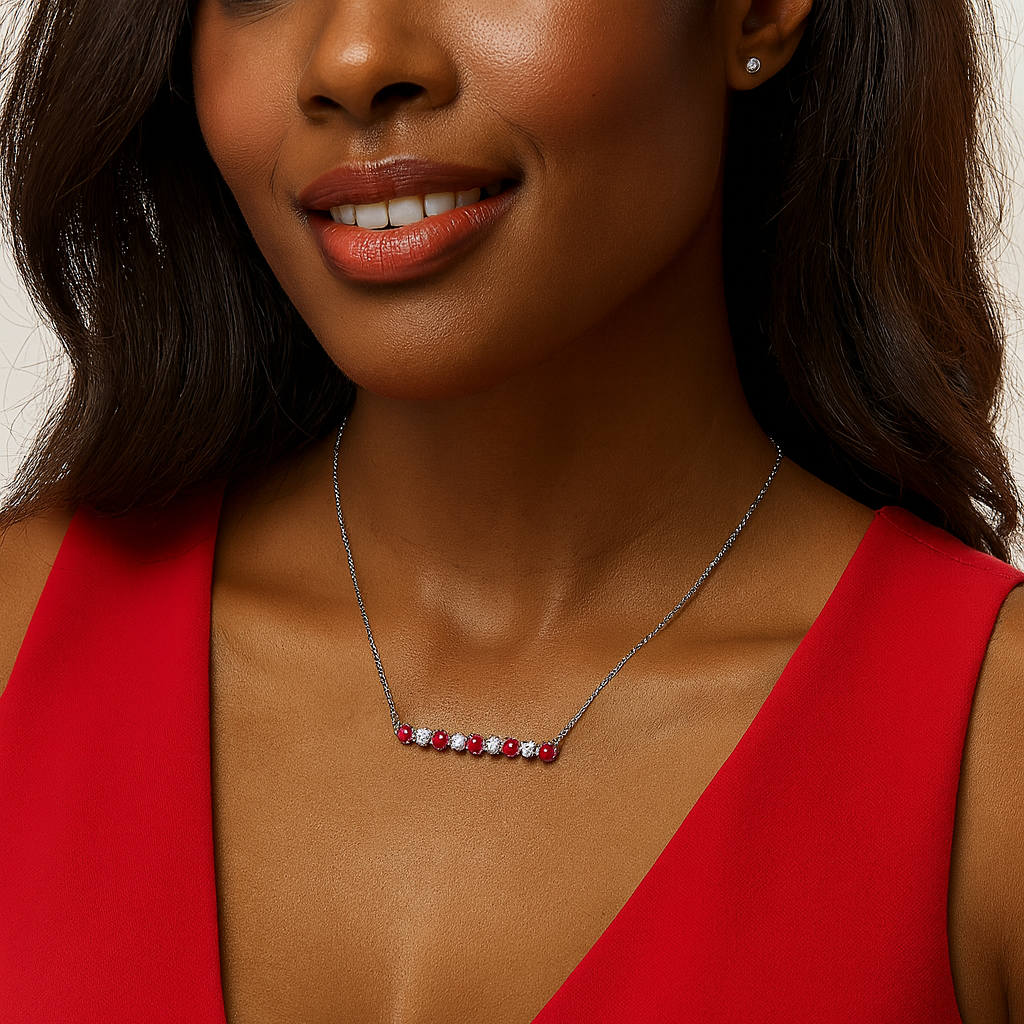 14KT White Gold Diamond & Ruby Bar Necklace – .66 CTW