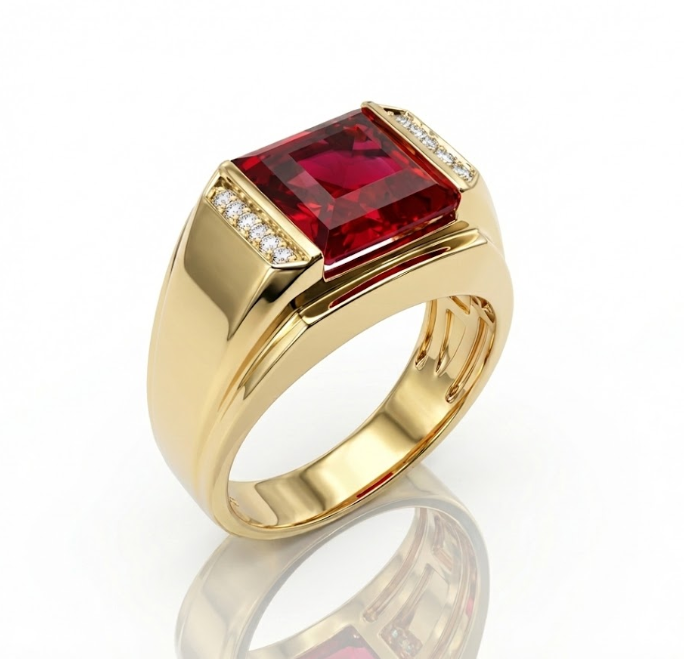 10K Yellow Gold Square Ruby & Diamond Gentlemen’s Ring – Size 10.5