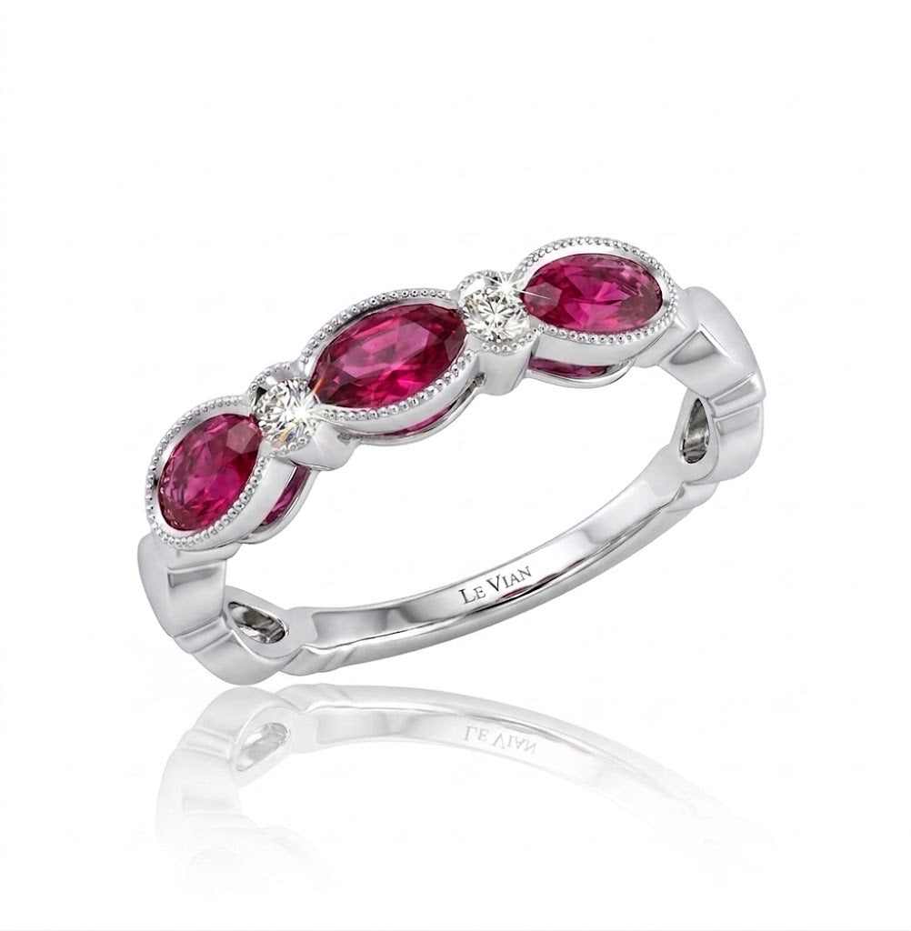 Le Vian® Passion Ruby® & Vanilla Diamonds® Ring in 14K Vanilla Gold® – 0.75ct Ruby Add a touch of vibrant elegance to your look with this stunning Le Vian® ring, featuring 3/4 cts. of Passion Ruby® gemstones framed with 1/20 cts. of sparkling Vanilla Diamonds®