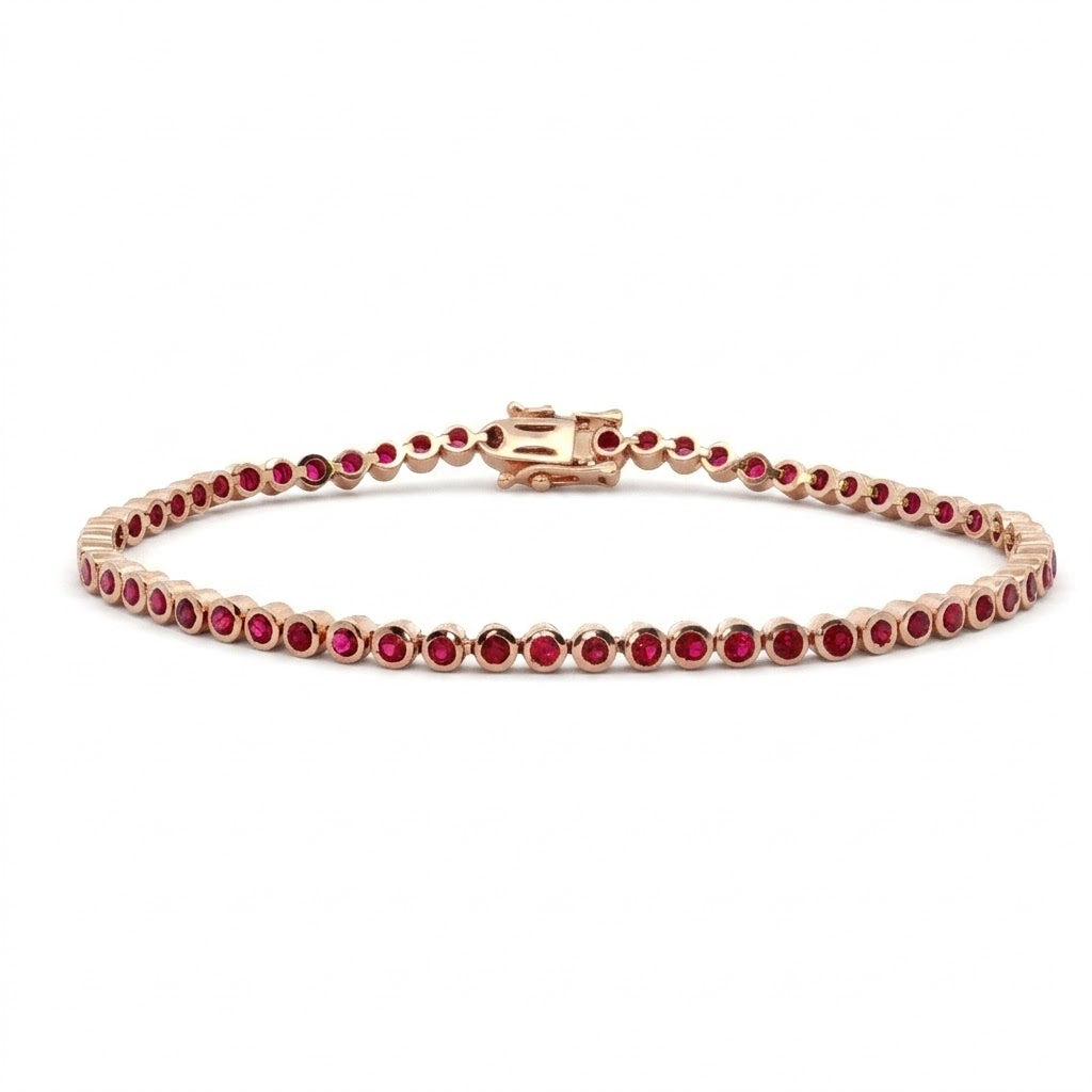 Ruby Tennis Bracelet | 14K Rose Gold | Round Ruby Bezel-Set Bracelet | Classic Stackable Gemstone Bracelet - Brownee Jewelers