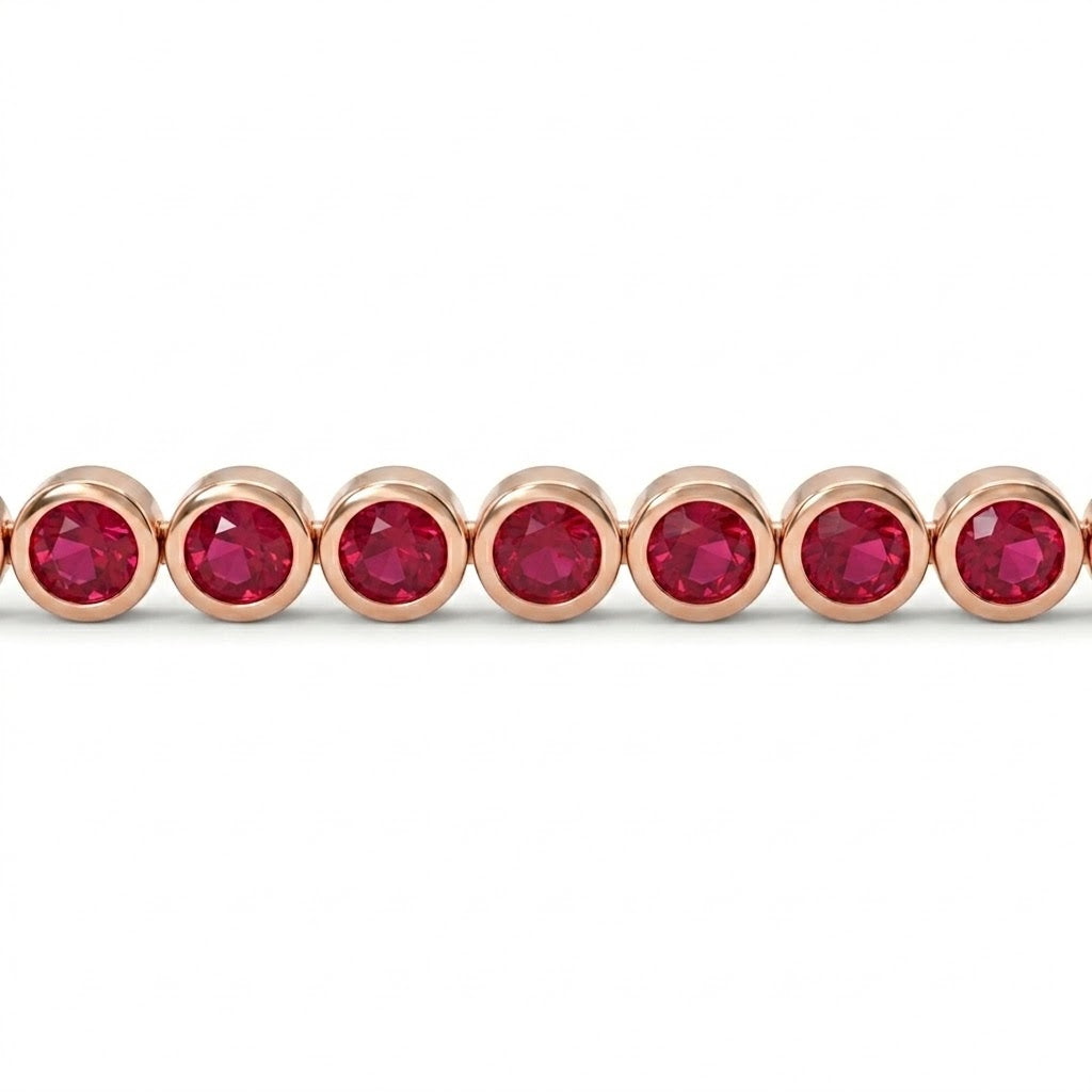 Ruby Tennis Bracelet | 14K Rose Gold | Round Ruby Bezel-Set Bracelet | Classic Stackable Gemstone Bracelet - Brownee Jewelers