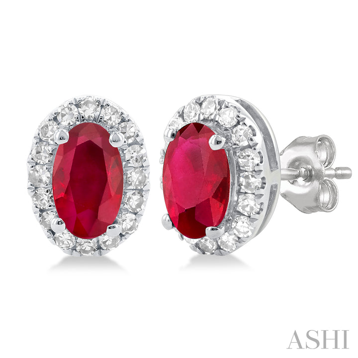 Oval Ruby Diamond Halo Stud Earrings | 10K White Gold | 0.13 ctw | Friction Back - Brownee Jewelers