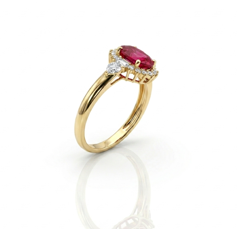 Oval Ruby & Lab-Grown Diamond Halo Ring | 1.65 ct Ruby | 0.40 ctw Diamonds | 10K Yellow Gold - Brownee Jewelers