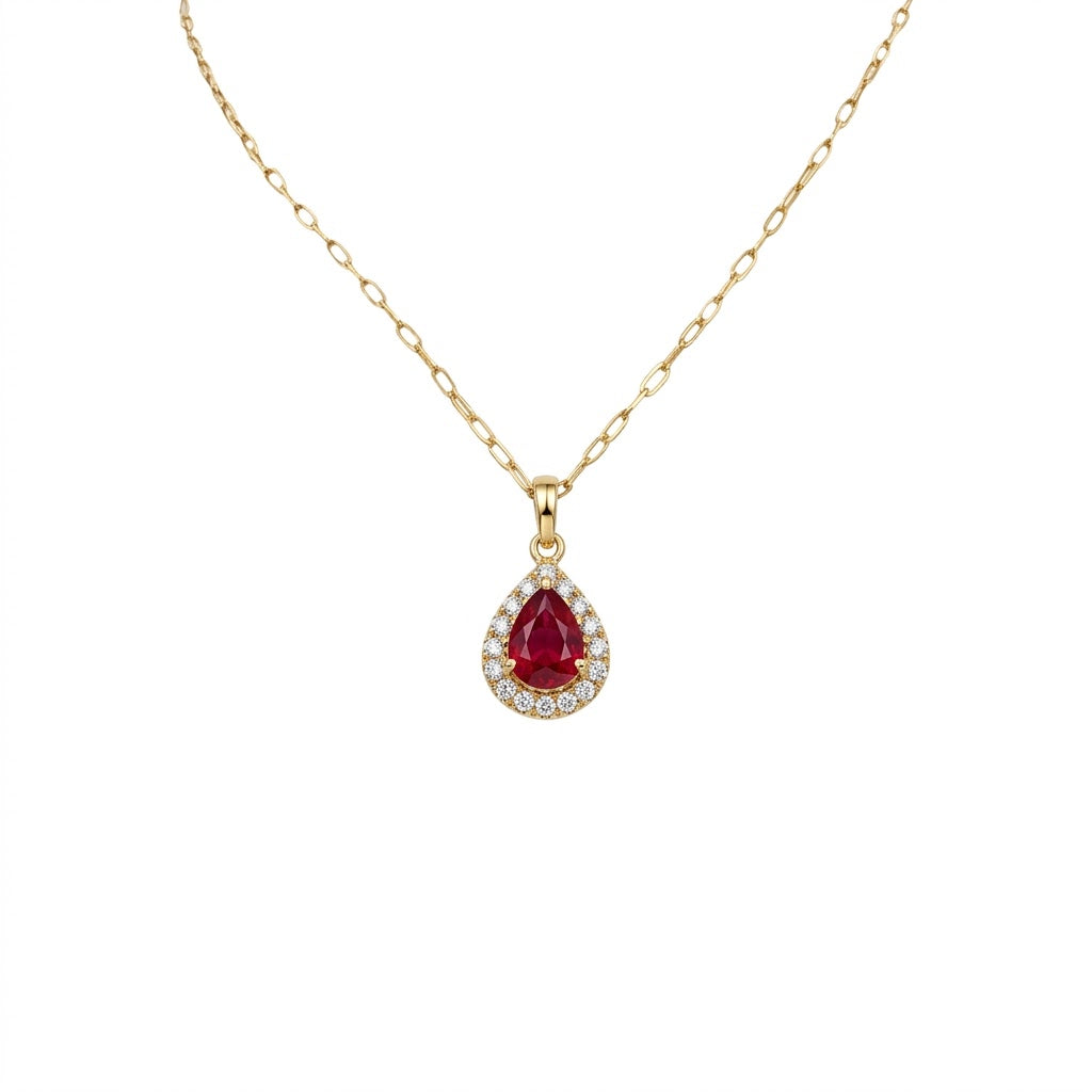 Pear-Shaped Ruby with Round Diamond Halo Pendant Necklace in 14kt Yellow Gold