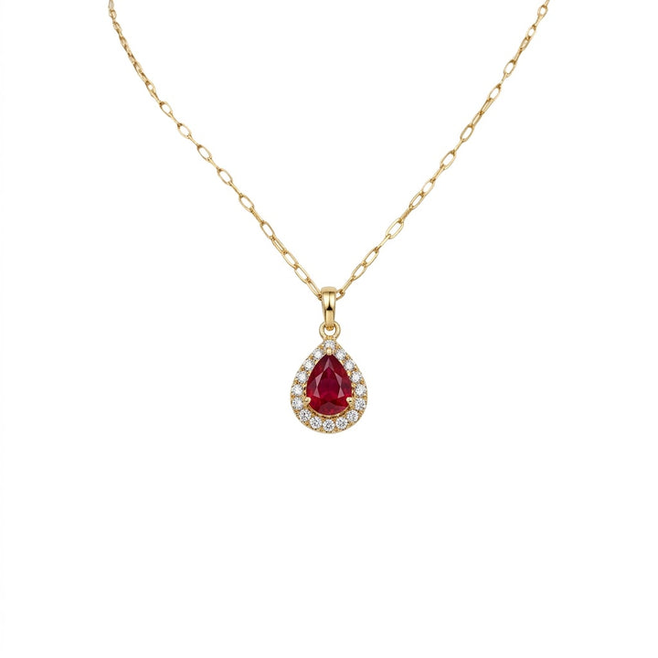 Pear-Shaped Ruby with Round Diamond Halo Pendant Necklace in 14kt Yellow Gold