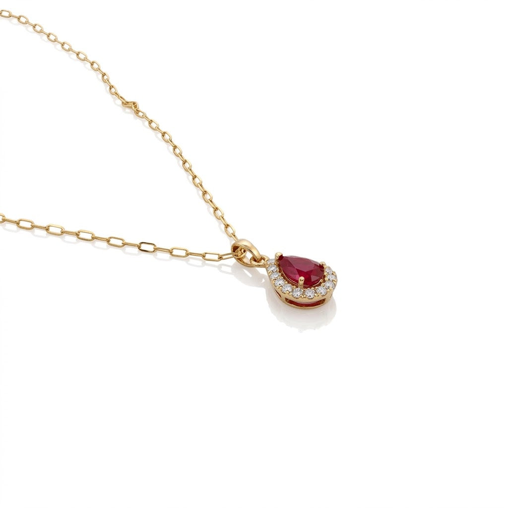 Pear-Shaped Ruby with Round Diamond Halo Pendant Necklace in 14kt Yellow Gold
