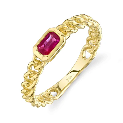 Emerald-Cut Ruby Link Ring | 14K Yellow Gold | Bezel-Set Ruby | Chain Band - Brownee Jewelers