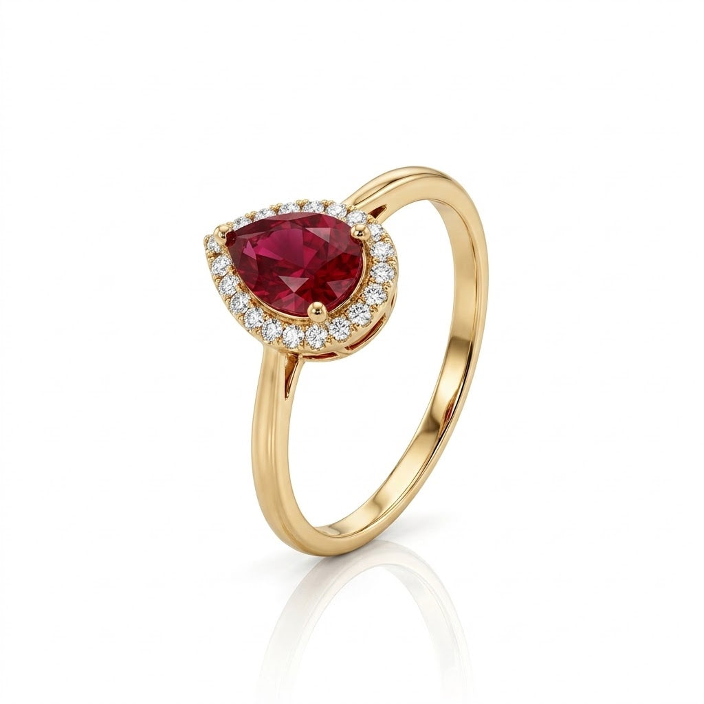 Pear-Shaped Ruby and Round Diamond Halo Ring in 14kt Yellow Gold