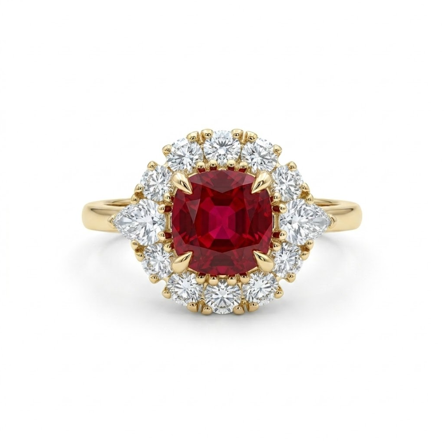 Cushion Ruby & Lab-Grown Diamond Halo Ring | 1.60 ct Ruby | 0.75 ctw Diamonds | 10K Yellow Gold - Brownee Jewelers