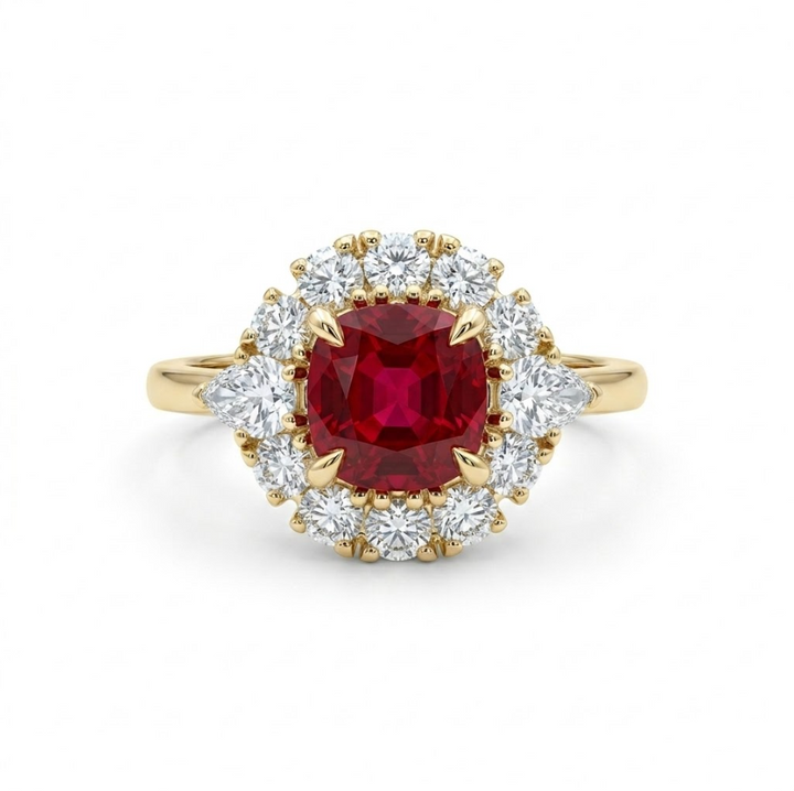 Cushion Ruby & Lab-Grown Diamond Halo Ring | 1.60 ct Ruby | 0.75 ctw Diamonds | 10K Yellow Gold - Brownee Jewelers