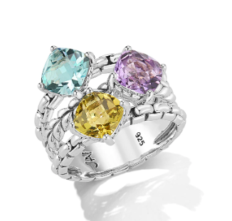 Our Sterling Silver Multi Gemstone Ring in Forest features 7x7mm cushion Citrine, Cognac Quartz and Olive Quartz gemstones set in Box Chain - Brownee Jewelers
