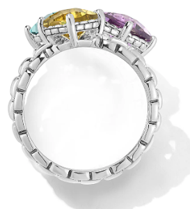 Our Sterling Silver Multi Gemstone Ring in Forest features 7x7mm cushion Citrine, Cognac Quartz and Olive Quartz gemstones set in Box Chain - Brownee Jewelers