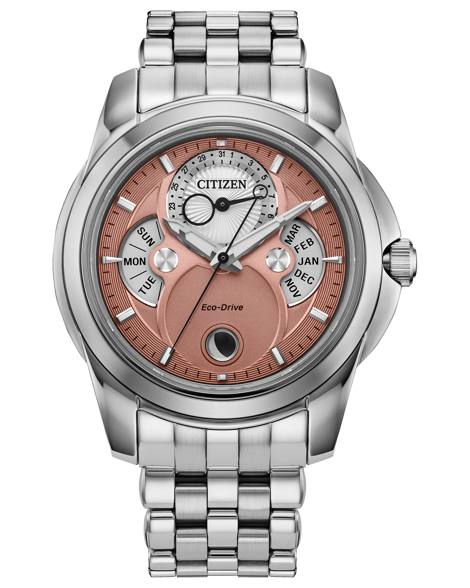 Calendrier | Citizen Eco-Drive Watch Stainless Steel | Salmon Dial Multi-Function | WR100 - Brownee Jewelers
