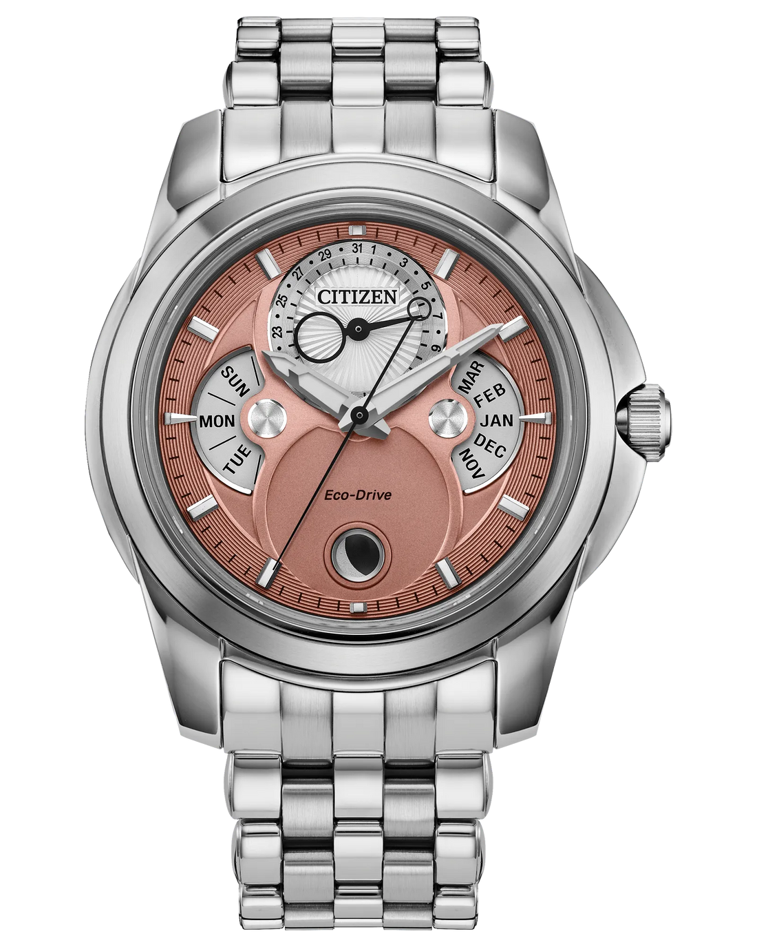 Calendrier | Citizen Eco-Drive Watch Stainless Steel | Salmon Dial Multi-Function | WR100 - Brownee Jewelers