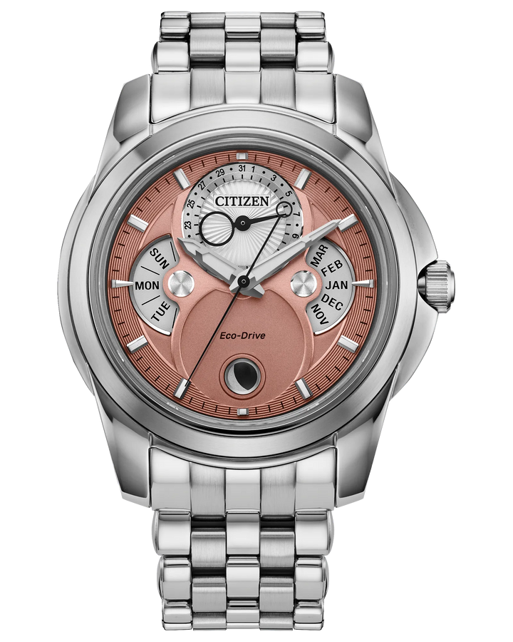 Calendrier | Citizen Eco-Drive Watch Stainless Steel | Salmon Dial Multi-Function | WR100 - Brownee Jewelers
