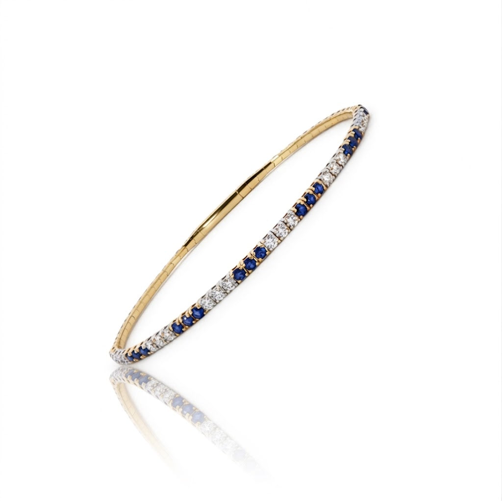 Alternating 3 Round Sapphires and Diamonds on a Thin 14kt Two-Tone Bangle