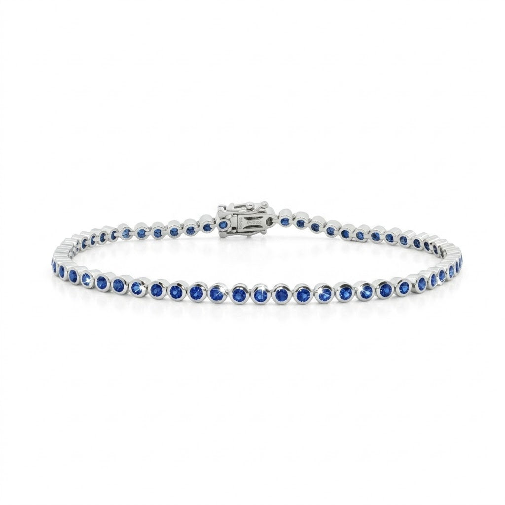 Blue Sapphire Tennis Bracelet | 14K White Gold | Round Blue Sapphire Bezel-Set Bracelet | Classic Stackable Gemstone Bracelet - Brownee Jewelers